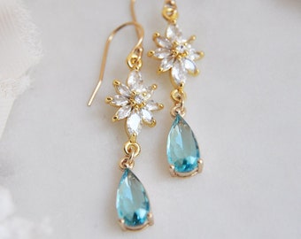 Gold Flower Earrings, Whimsical Wedding, Boho Bridal Jewelry,  Blue Earrings, Something Blue, Teardrop Earrings, Floral Wedding, Bridesmaids