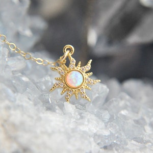 Dainty Sun Necklace, Opal Sunburst, Celestial Necklace, Gold Filled Necklace, October Birthstone, Layering Necklace, Girlfriend Gift, Boho