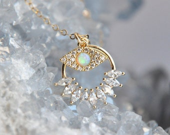 Evil Eye necklace, Evil Eye Jewelry, Opal Necklace, Opal Jewelry, Gold Filled Necklace, Small Evil Eye, Amulet Necklace, Dainty Necklace