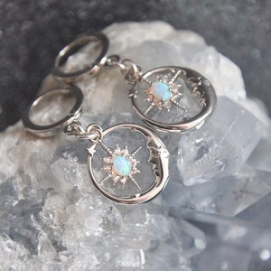 Silver Moon Earrings, Opal Star Earrings, Moon and Star Jewelry, Silver Hoop Earrings, Celestial Earrings, Birthday Gift for Her, Crescent