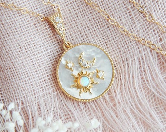 Sun Moon and Star Necklace, Celestial Necklace, Gold Filled Necklace, Mother Of Pearl Necklace, Birthstone Necklace, Opal Star Necklace
