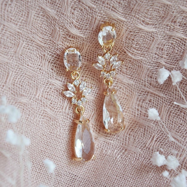 Boho Bridal Earrings, Woodland Wedding, CZ Leaf Earrings, Bridesmaids Earrings, Crystal Wedding Earrings, Modern Bridal Earrings, Teardrops