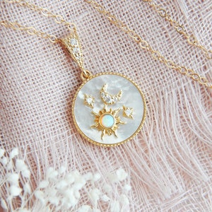 Sun Moon and Star Necklace, Celestial Necklace, Gold Filled Necklace, Mother Of Pearl Necklace, Birthstone Necklace, Opal Star Necklace