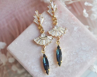 Gold Blue Art Deco Fan Earrings, Something Blue Wedding Earrings, Vintage Style Wedding, CZ Fan Earrings, Bridesmaids Gift, Blue Jewelry