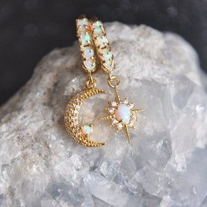 Opal Moon and Star Earrings, Opal Huggie Earrings, Opal Hoops, Celestial Earrings, Birthday Gift for Her, Polaris Earrings, Graduation Gift