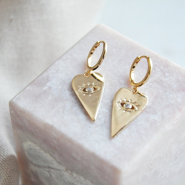 Gold Evil Eye Earrings, Evil Eye Earrings, Gold Hoop Earrings, Gold Heart Evil Eye Earrings, Heart Evil Eye Earrings, Gold Heart Earrings