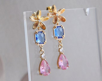 Flower Earrings, Floral Drop Earrings, Pink Teardrop Earrings, Blue Earrings, Summer Earrings, Bridal Earrings, Wedding Earrings, Statement