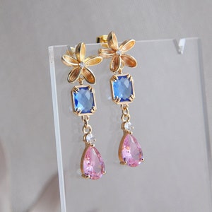 Flower Earrings, Floral Drop Earrings, Pink Teardrop Earrings, Blue Earrings, Summer Earrings, Bridal Earrings, Wedding Earrings, Statement