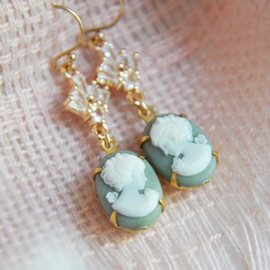 Sage Green Earrings, Cameo Earrings, Vintage Earrings, Whimsical Earrings, Art Deco Earrings, Retro Style, Gift for Mom, Crystal Earrings