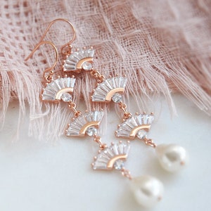 Art Deco Earrings, Rose Gold Earrings, Pearl Earrings, Pearl Drop, Boho Bridal Earrings, Statement Earrings, Pink Gold, Wedding Jewelry,Gift