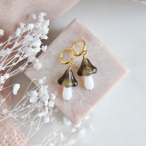 Brown Mushroom Earrings, Mushroom Hoop Earrings, Gold Hoop Earrings, Retro Style Earrings, Vintage Style, Birthday Gift, Best Friend Gift