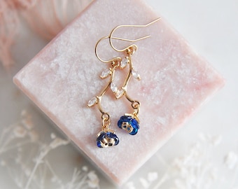 Blue Flower Earrings, Blue Dangle Earrings, Boho Bridal, Sapphire Blue, September Birthstone, Birth Flower, Birthday Gift, Something Blue