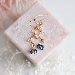 Blue Flower Earrings, Blue Dangle Earrings, Boho Bridal, Sapphire Blue, September Birthstone, Birth Flower, Birthday Gift, Something Blue