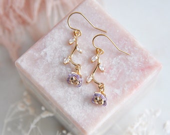 Purple Flower Earrings, Floral Earrings, Boho Earrings, Wild Flowers, Gold Filled Earrings, February Birthstone, Birth Flower, Gift for Mom