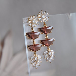 Burgundy Earrings, Flower Earrings Dangle, Daisy Earrings, Boho Bridal Earrings, Statement Earrings, Botanical Earrings,Bridesmaids Earrings image 3