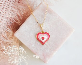 Gold Heart Necklace, Valentines Day Necklace, Girlfriend Gift, Gift for Her, Layering Necklace, Enamel Heart Necklace, Pink Heart Jewelry