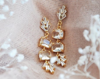 Art Deco Earrings, Statement Earrings, Rectangle Earrings, CZ Fan Earrings, Gold Crystal Earrings, Boho Bridal Earrings,Bridesmaids Earrings