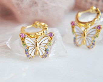 Gold Butterfly Earrings, Dainty Butterfly Jewelry, Butterfly Hoop Earrings, Rainbow Butterfly, Colorful Butterfly, Birthday Gift For Her