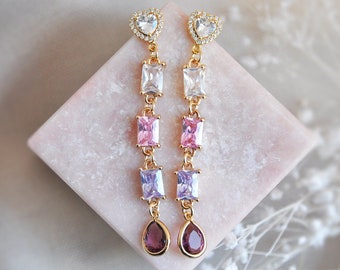 Purple Earrings, Heart Earrings, February Birthstone, Long Drop Earrings, Geometric Earrings, Birthday Gift, Gift for Mom, Boho Earrings