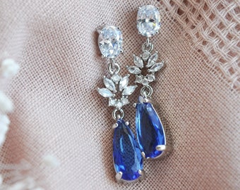 Silver Wedding Earrings, Something Blue Earrings, Boho Bridal Earrings, Blue Wedding Jewelry, Woodland Wedding, Leaf Earrings, Bridesmaids