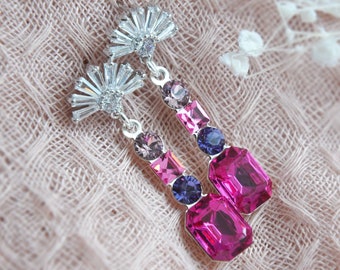 Silver Art Deco Earrings, Magenta Earrings, Rectangle Earrings, Geometric Earrings, Linear Earrings, Fan Earrings, Pink Jewelry,Gift for Mom