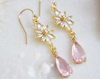 Flower Earrings, Light Pink Earrings, Teardrop Earrings, Crystal Earrings, Gold Filled Earrings, Bridal Jewelry, Bridesmaids Earrings, Gift