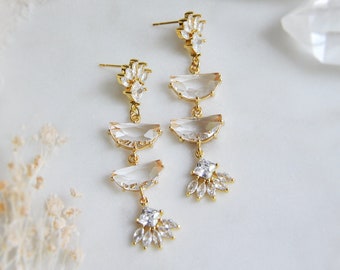 Art Deco Earrings, Long Drop Earrings, Geometric Earrings, CZ Earrings, Modern Bride, Boho Bridal Jewelry, Statement Wedding Earrings, Gift