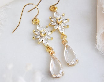 Flower Earrings, Floral Earrings, Teardrop Earrings, Crystal Earrings, Gold Filled Earrings, Boho Bridal Earrings, Bridesmaids Earrings