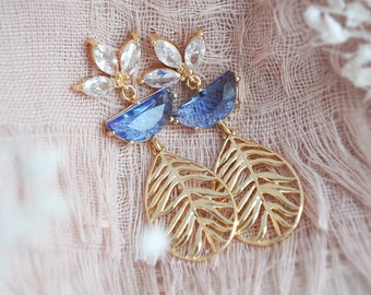 Blue Earrings, Boho Bridal Earrings, Tropical Earrings, Palm Leaf Earrings, Ocean Blue, Something Blue, Beach Wedding, Bridesmaids Earrings