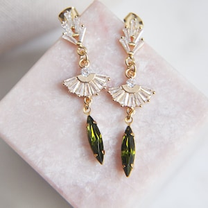 Olivine Art Deco Earrings, Fan Earrings, Olive Green Earrings, Bridesmaids Earrings, Bridal Jewelry, Woodland Wedding, August Birthstone