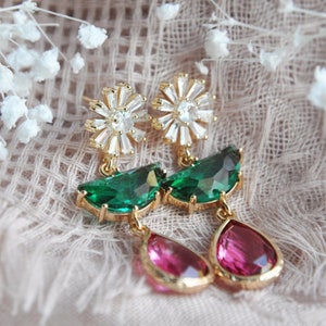 Emerald Green Earrings, Hot Pink Earrings, Statement Earrings, Boho Bridal Earrings, Botanical Earrings, Flower Earrings, Birthday Gift, Mom