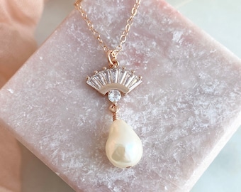 Pearl Necklace, Art Deco Fan Necklace, Boho Bridal Jewelry, Modern Bride, Rose Gold Necklace, Bohemian Wedding, Wedding Necklace, Bridesmaid