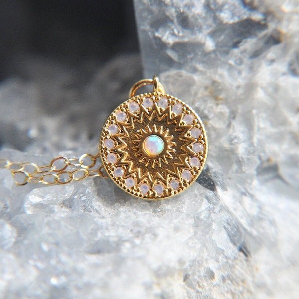 Tiny Opal Necklace, Opal Sun Necklace, Celestial Necklace, October Birthstone, Birthday Gift, Celestial Wedding, Best Friend Gift, Dainty