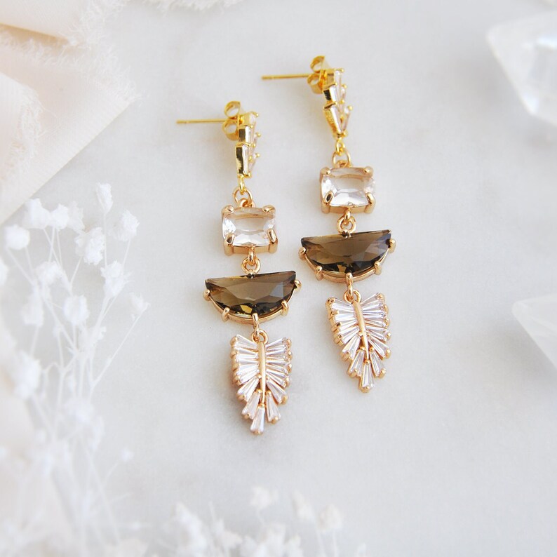 Art Deco Earrings, Boho Bridal Earrings, Statement Earrings, Woodland Wedding, Leaf Earrings, Gold CZ Fan Earrings, Wedding Earrings,For Her image 6