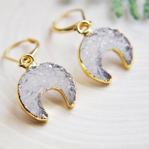 Moon Earrings, Druzy Moon Earrings, Crescent Moon Earrings, Half Moon Earrings, Moon Jewelry, Druzy Jewelry, Gifts for Her, Gifts for Mom