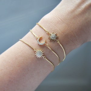 Celestial Bracelet Set, Gold Sun Bracelet, Gold Moon Bracelet, Gold Star Bracelet, Adjustable Bracelet, Box Chain Bracelet, Gifts for Her image 4