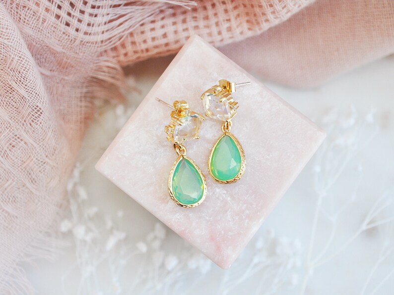 Green Earrings, Boho Bridal Earrings, Green drop Earrings, Geometric Earrings, Birthday Gift, Bridesmaids Earrings, Opalite Earrings, Unique image 9