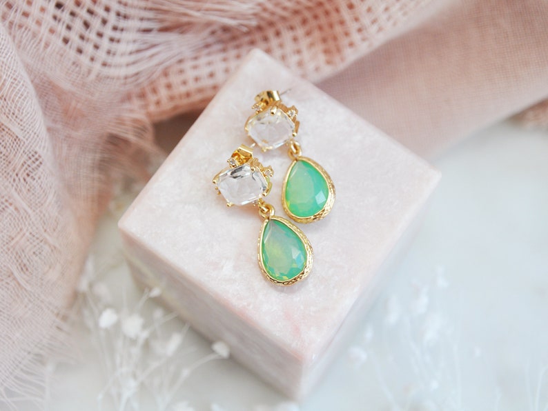 Green Earrings, Boho Bridal Earrings, Green drop Earrings, Geometric Earrings, Birthday Gift, Bridesmaids Earrings, Opalite Earrings, Unique image 7