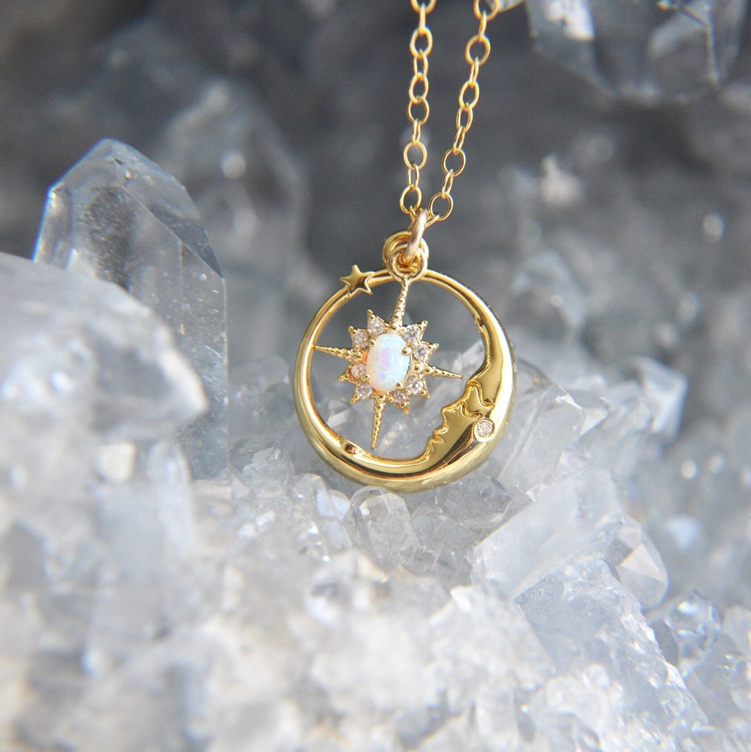 Opal Moon Necklace, Gold Moon Necklace, Celestial Jewelry, Starburst ...
