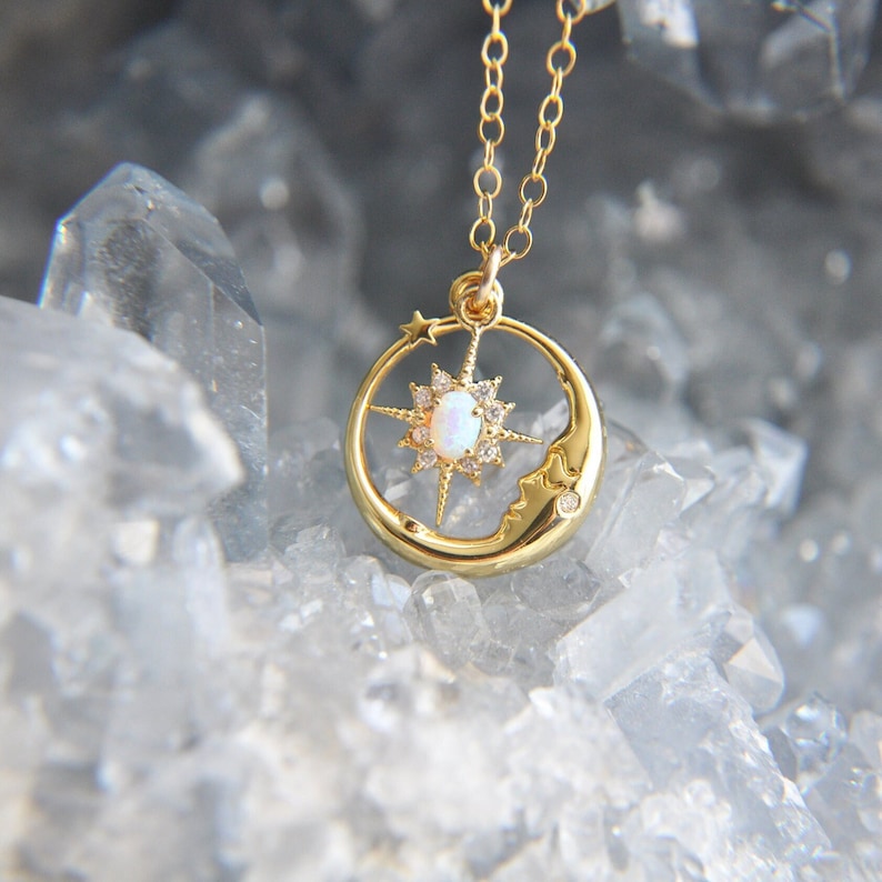 Opal Moon Necklace, Gold Moon Necklace, Celestial Jewelry, Starburst Necklace, Celestial Wedding, Star Necklace, Birthday Gift, Gift for Her image 1