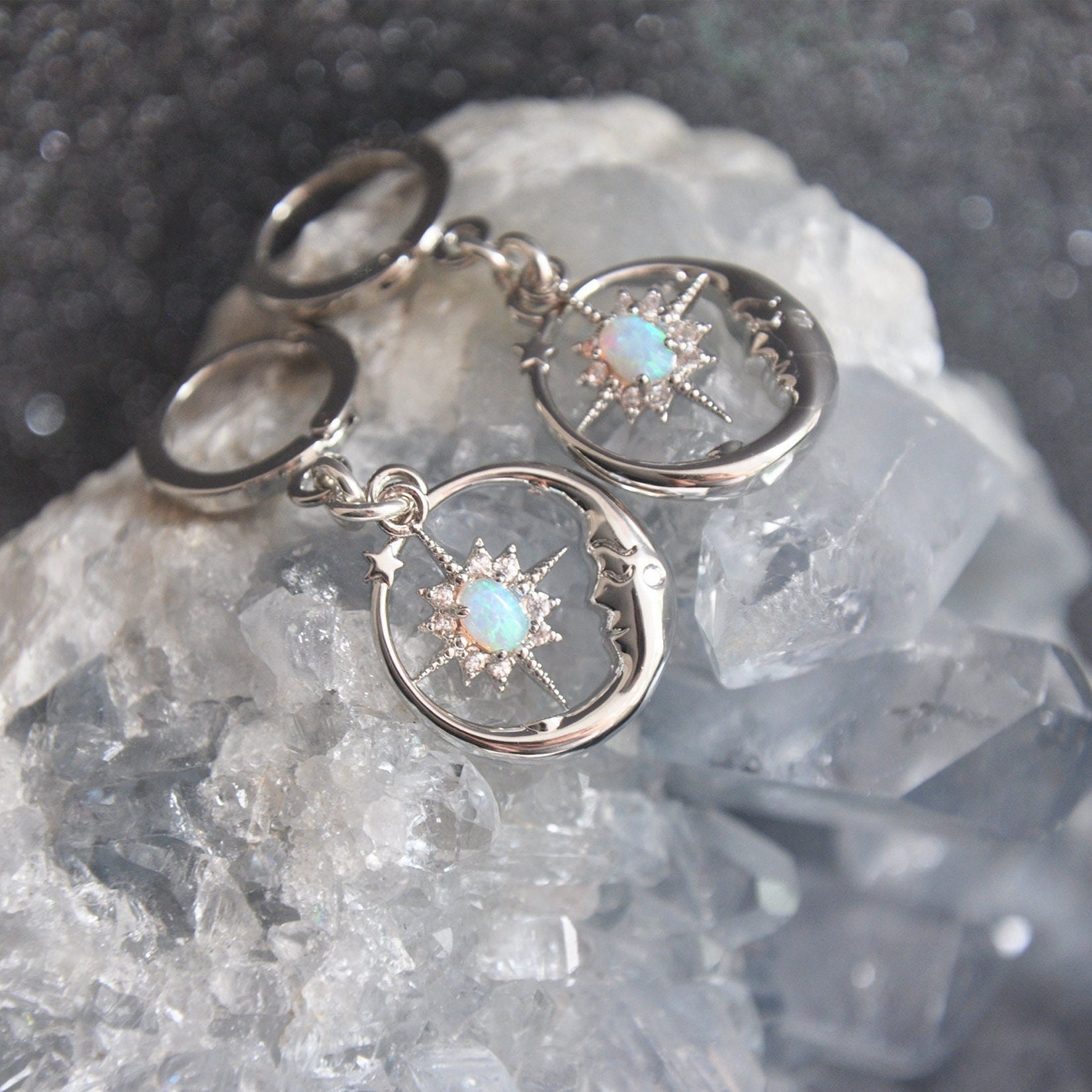 Silver Moon Earrings, Opal Star Earrings, Moon and Star Jewelry, Silver Hoop Earrings, Celestial Earrings, Birthday Gift for Her, Crescent