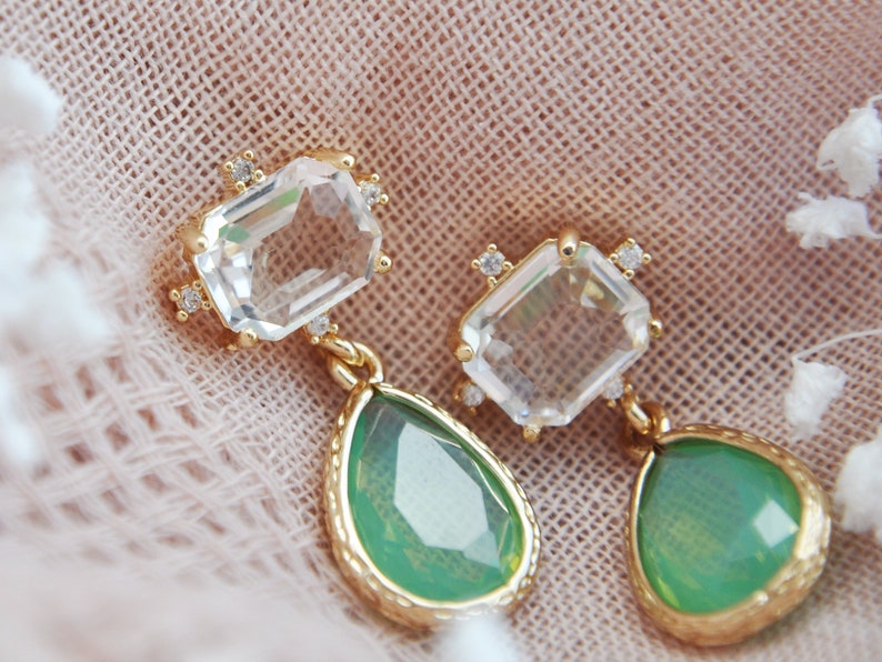 Green Earrings, Boho Bridal Earrings, Green drop Earrings, Geometric Earrings, Birthday Gift, Bridesmaids Earrings, Opalite Earrings, Unique image 8