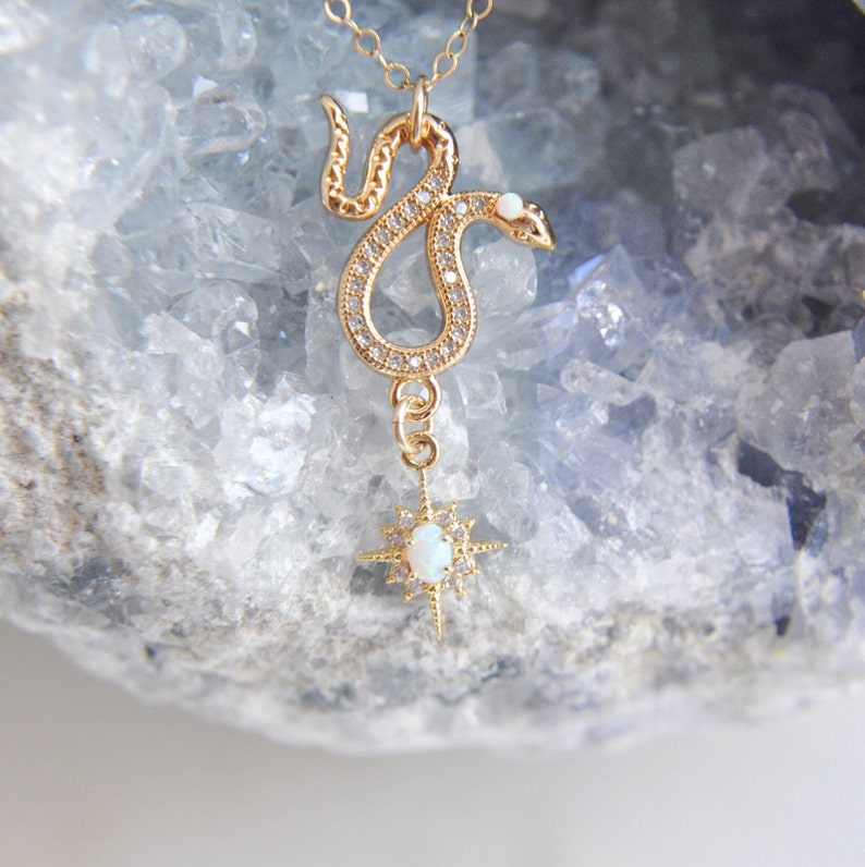 Opal Snake Necklace, Opal Star Necklace, Celestial Necklace, Snake Jewelry, Opal Jewelry, Dainty Necklace, Gold Filled Necklace, Serpent image 2
