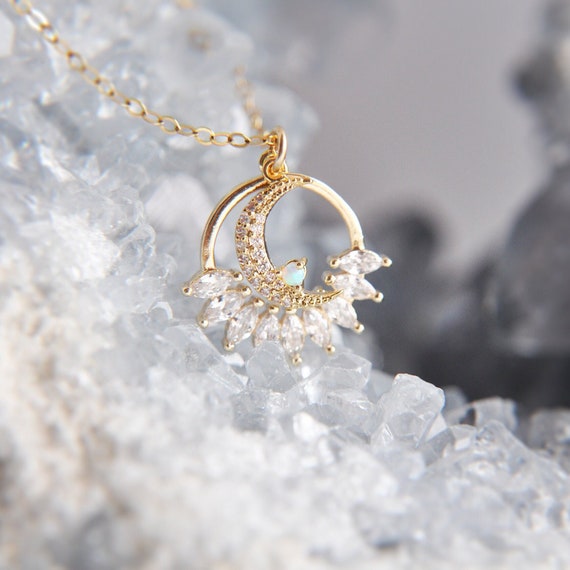 Luxe Gold Plated Opal Sun Moon Layered Necklace