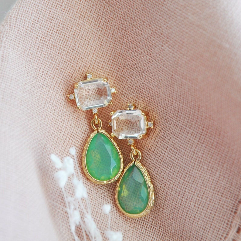 Green Earrings, Boho Bridal Earrings, Green drop Earrings, Geometric Earrings, Birthday Gift, Bridesmaids Earrings, Opalite Earrings, Unique image 1