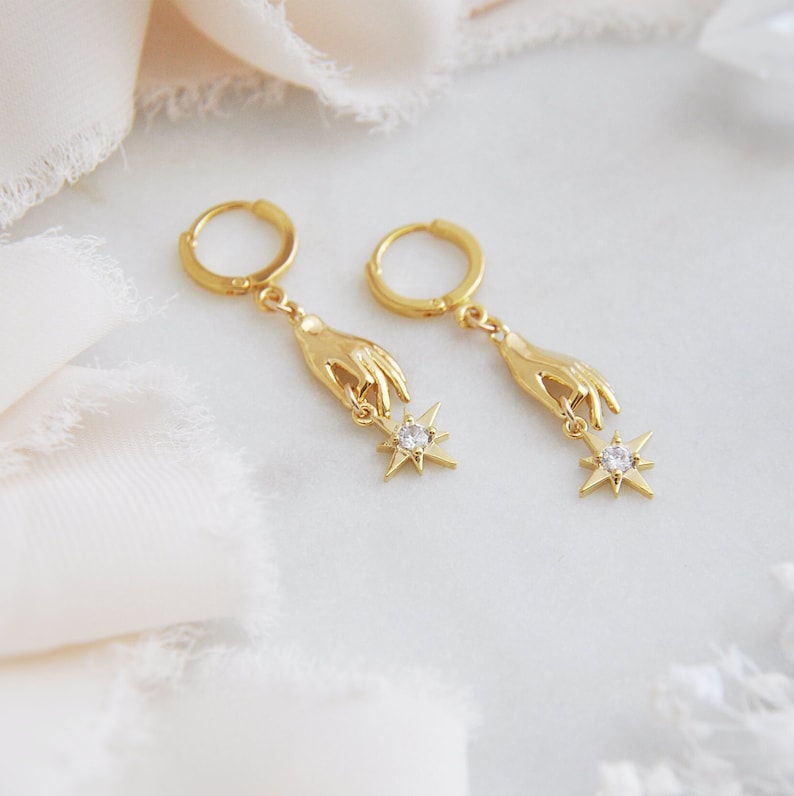 North Star Earrings, Gold Hand Earrings, Celestial Earrings, Hoop Earrings, Huggie Earrings, Birthday Gift, Best Friend Gift,Graduation Gift image 2