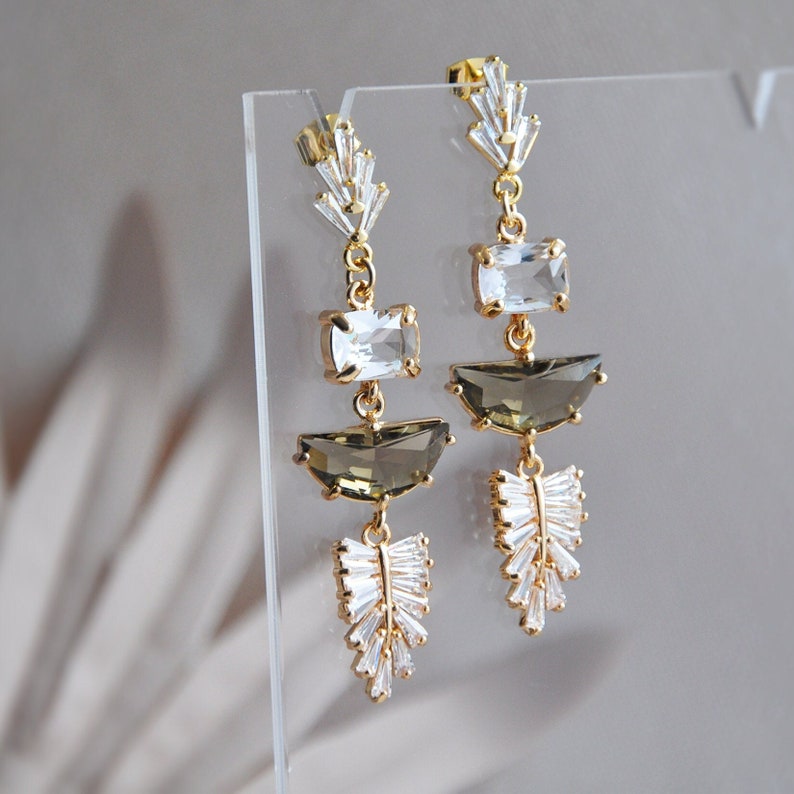 Art Deco Earrings, Boho Bridal Earrings, Statement Earrings, Woodland Wedding, Leaf Earrings, Gold CZ Fan Earrings, Wedding Earrings,For Her image 7