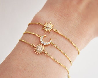 Celestial Bracelet Set, Gold Sun Bracelet, Gold Moon Bracelet, Gold Star Bracelet, Adjustable Bracelet, Box Chain Bracelet, Gifts for Her