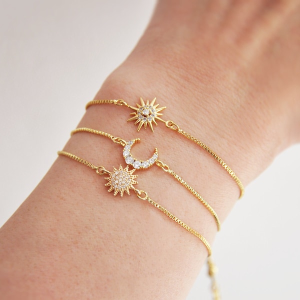 Celestial Bracelet Set, Gold Sun Bracelet, Gold Moon Bracelet, Gold Star Bracelet, Adjustable Bracelet, Box Chain Bracelet, Gifts for Her