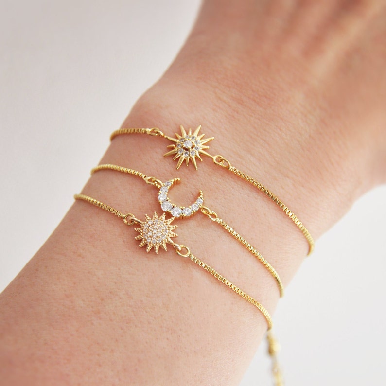 Celestial Bracelet Set, Gold Sun Bracelet, Gold Moon Bracelet, Gold Star Bracelet, Adjustable Bracelet, Box Chain Bracelet, Gifts for Her image 1